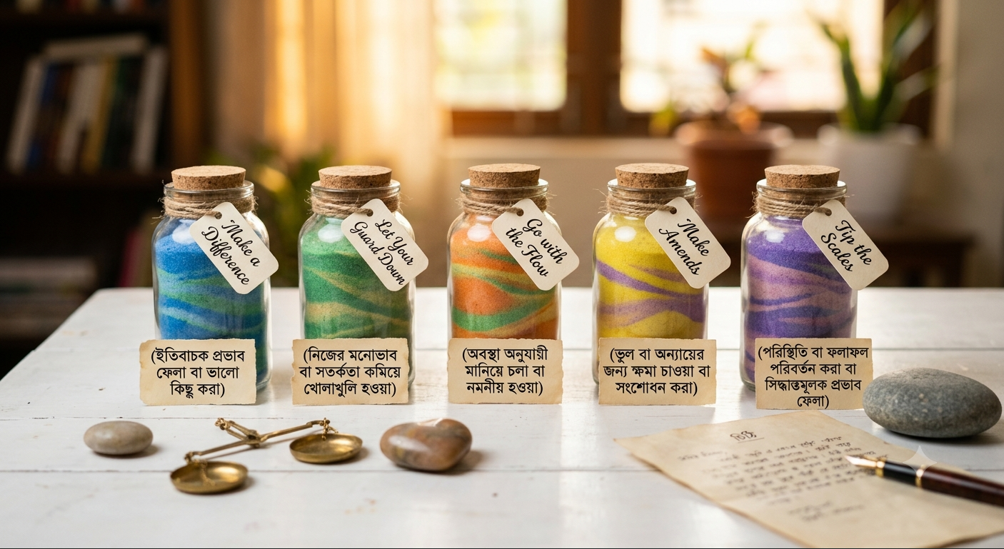 five more english idioms bengali examples make a difference let your guard down go with the flow make amends tip the scales