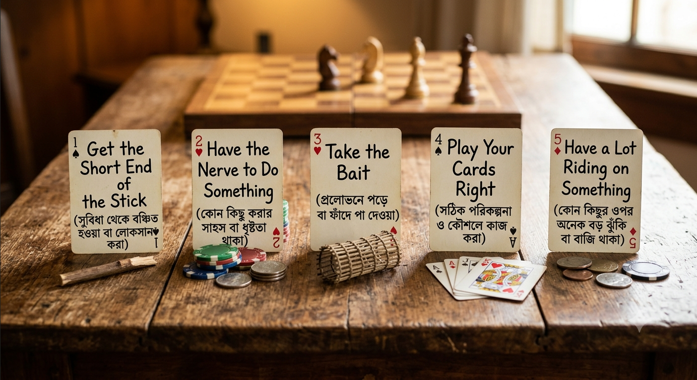 five more english idioms bengali examples short end of the stick have the nerve take the bait play your cards right have a lot riding on something