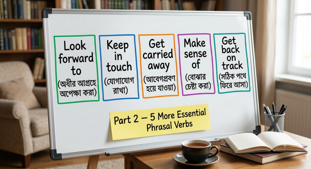 five more essential phrasal verbs bengali examples look forward to keep in touch get carried away make sense of get back on track