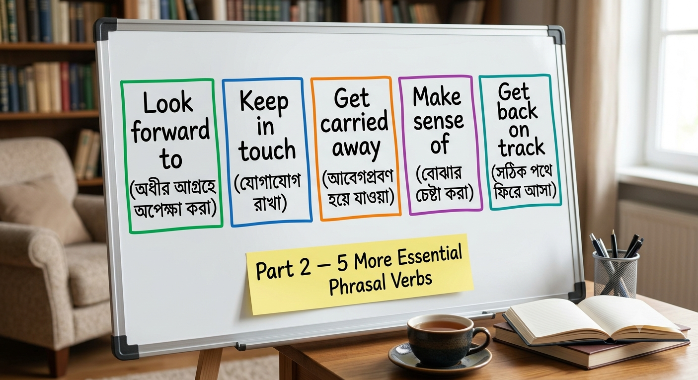 five more essential phrasal verbs bengali examples look forward to keep in touch get carried away make sense of get back on track