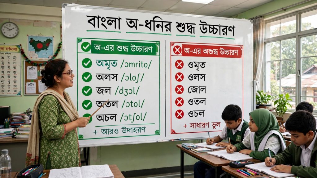 শিক্ষক ব্ল্যাকবোর্ডে 'অ' দিয়ে শুরু শব্দের উচ্চারণরীতি শেখাচ্ছেন