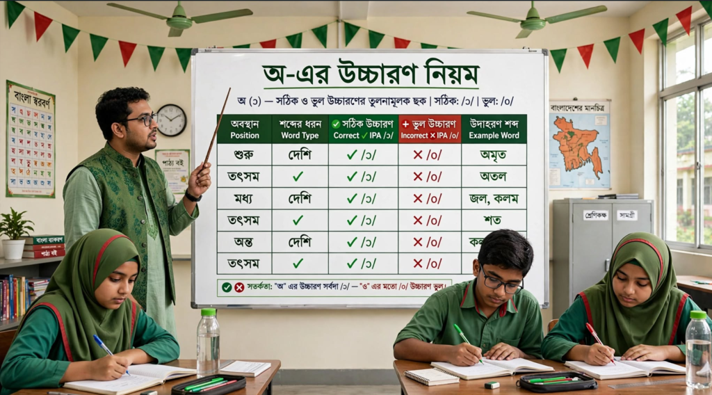শিক্ষক ব্ল্যাকবোর্ডে 'অ' দিয়ে সকল শব্দের উচ্চারণরীতি শেখাচ্ছেন