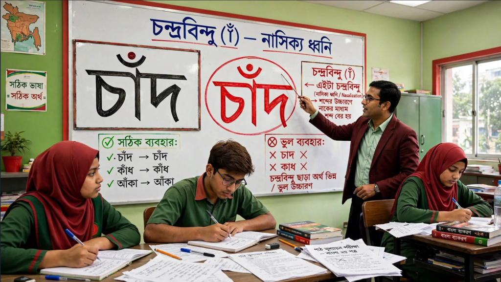 শিক্ষক ব্ল্যাকবোর্ডে অনুনাসিক স্বর ও চন্দ্রবিন্দুর ব্যবহার বুঝিয়ে দিচ্ছেন