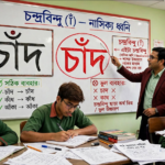 শিক্ষক ব্ল্যাকবোর্ডে অনুনাসিক স্বর ও চন্দ্রবিন্দুর ব্যবহার বুঝিয়ে দিচ্ছেন