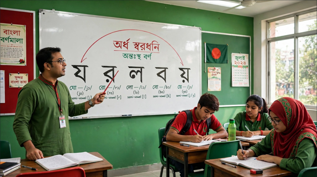 শিক্ষক ব্ল্যাকবোর্ডে য র ল ব য় অর্ধ স্বরধ্বনি বুঝিয়ে দিচ্ছেন