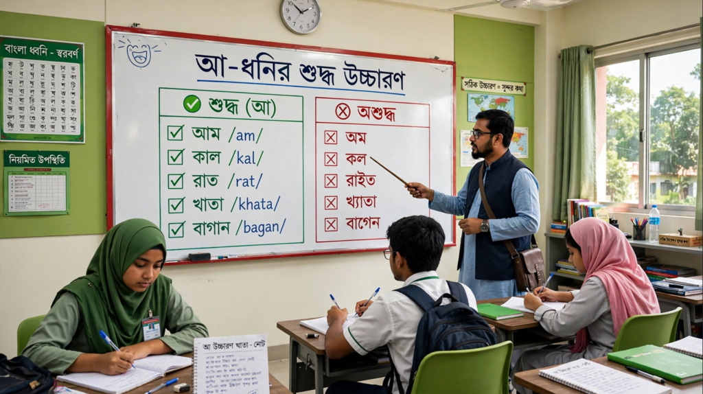 শিক্ষক ব্ল্যাকবোর্ডে আ দিয়ে শব্দের উচ্চারণরীতি শেখাচ্ছেন