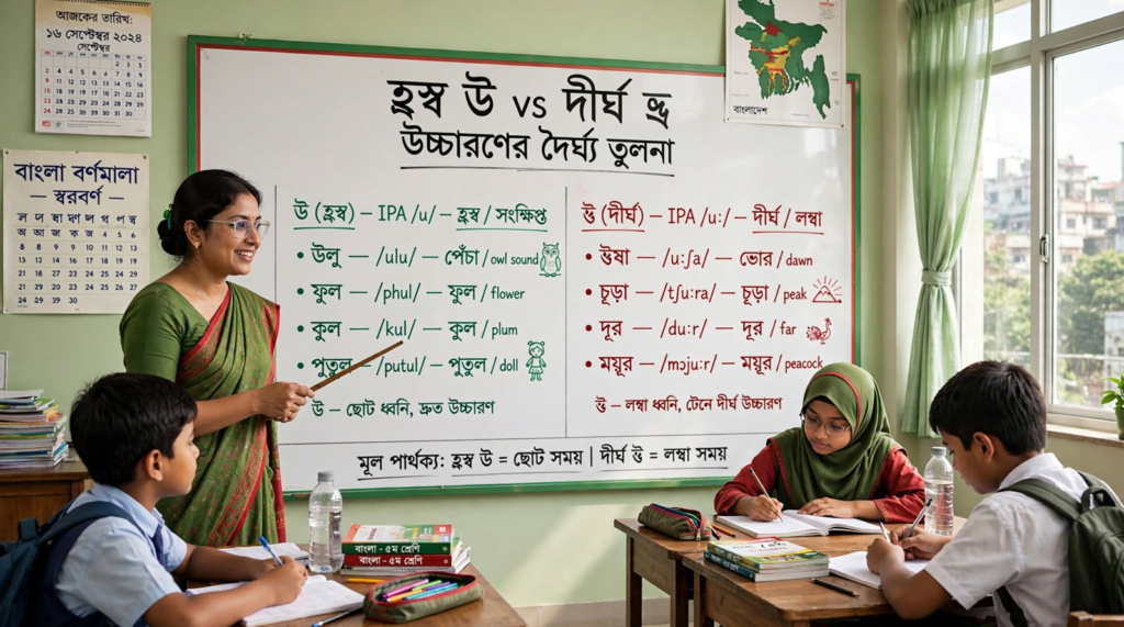 শিক্ষক ব্ল্যাকবোর্ডে উ ও ঊ দিয়ে শব্দের উচ্চারণরীতি শেখাচ্ছেন