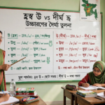 শিক্ষক ব্ল্যাকবোর্ডে উ ও ঊ দিয়ে শব্দের উচ্চারণরীতি শেখাচ্ছেন