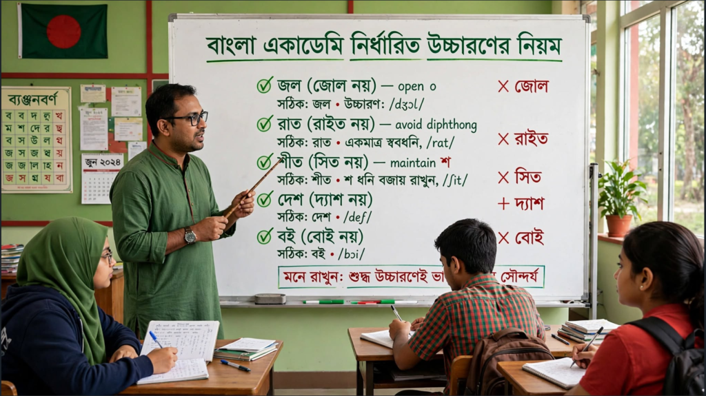 শিক্ষক ব্ল্যাকবোর্ডে বাংলা একাডেমি নির্ধারিত উচ্চারণের নিয়ম শেখাচ্ছেন