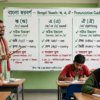 শিক্ষক ব্ল্যাকবোর্ডে ঋ, এ ও ঐ দিয়ে শব্দের উচ্চারণরীতি শেখাচ্ছেন