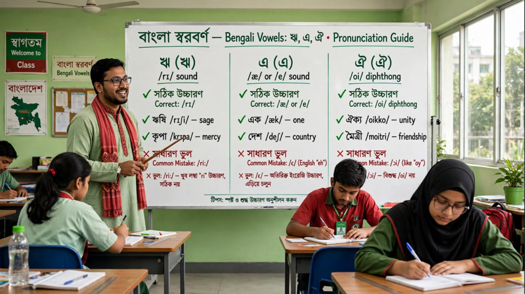 শিক্ষক ব্ল্যাকবোর্ডে ঋ, এ ও ঐ দিয়ে শব্দের উচ্চারণরীতি শেখাচ্ছেন