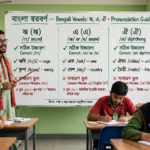 শিক্ষক ব্ল্যাকবোর্ডে ঋ, এ ও ঐ দিয়ে শব্দের উচ্চারণরীতি শেখাচ্ছেন