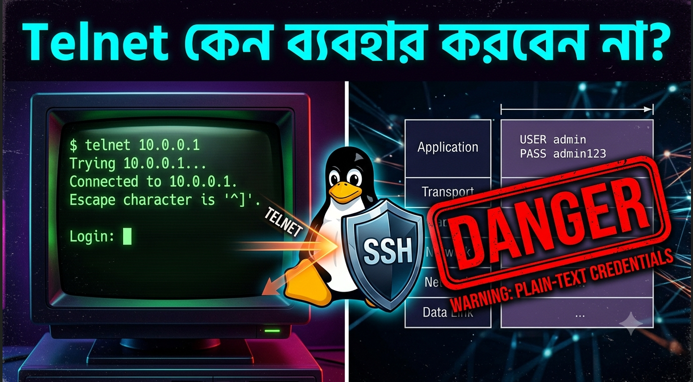 একটি টার্মিনালে Telnet লগইন এবং অনিরাপদ প্লেইন-টেক্সট পাসওয়ার্ড ট্রান্সমিশন দেখানো সাইবার সিকিউরিটি ওয়ার্নিং সহ বাংলা টিউটোরিয়ালের ফিচার ইমেজ