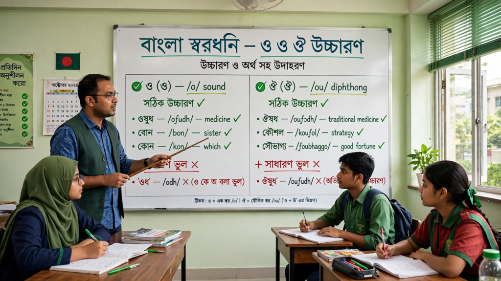 শিক্ষক ব্ল্যাকবোর্ডে ও ও ঔ দিয়ে শব্দের উচ্চারণরীতি শেখাচ্ছেন