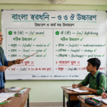 শিক্ষক ব্ল্যাকবোর্ডে ও ও ঔ দিয়ে শব্দের উচ্চারণরীতি শেখাচ্ছেন