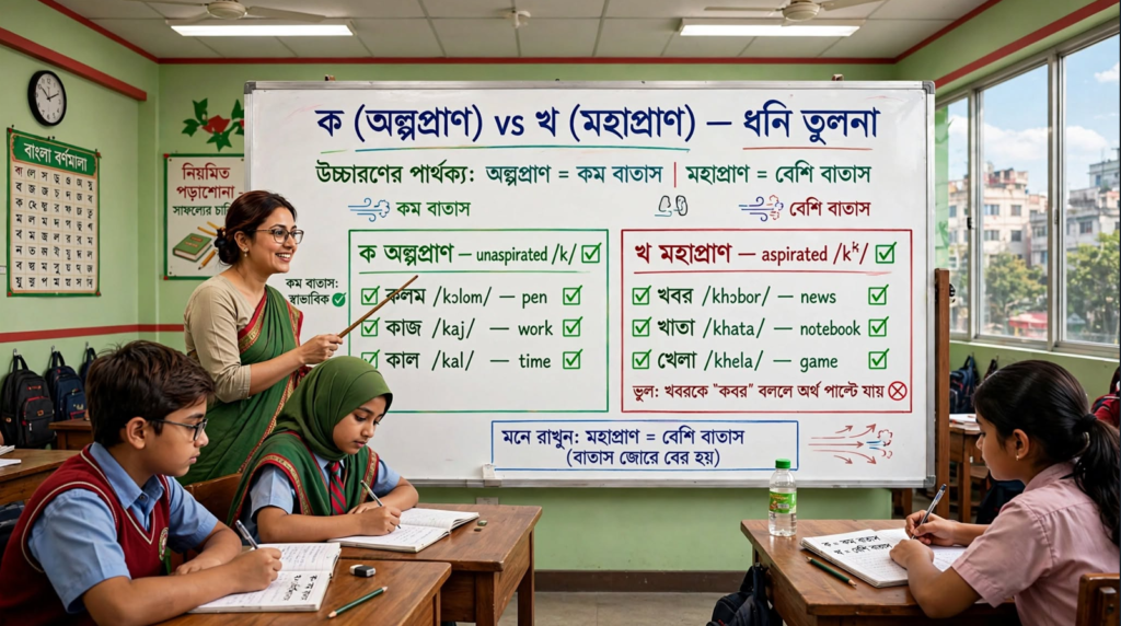 শিক্ষক ব্ল্যাকবোর্ডে ক ও খ দিয়ে শব্দের উচ্চারণরীতি শেখাচ্ছেন
