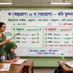 শিক্ষক ব্ল্যাকবোর্ডে ক ও খ দিয়ে শব্দের উচ্চারণরীতি শেখাচ্ছেন