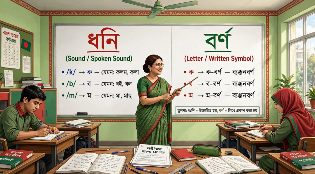 শিক্ষক ব্ল্যাকবোর্ডে ধ্বনি ও বর্ণের পার্থক্য বুঝিয়ে দিচ্ছেন