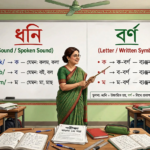শিক্ষক ব্ল্যাকবোর্ডে ধ্বনি ও বর্ণের পার্থক্য বুঝিয়ে দিচ্ছেন