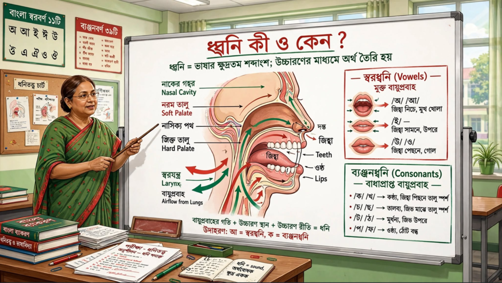 শিক্ষক ধ্বনি কী ও কেন তা ব্ল্যাকবোর্ডে বুঝিয়ে দিচ্ছেন