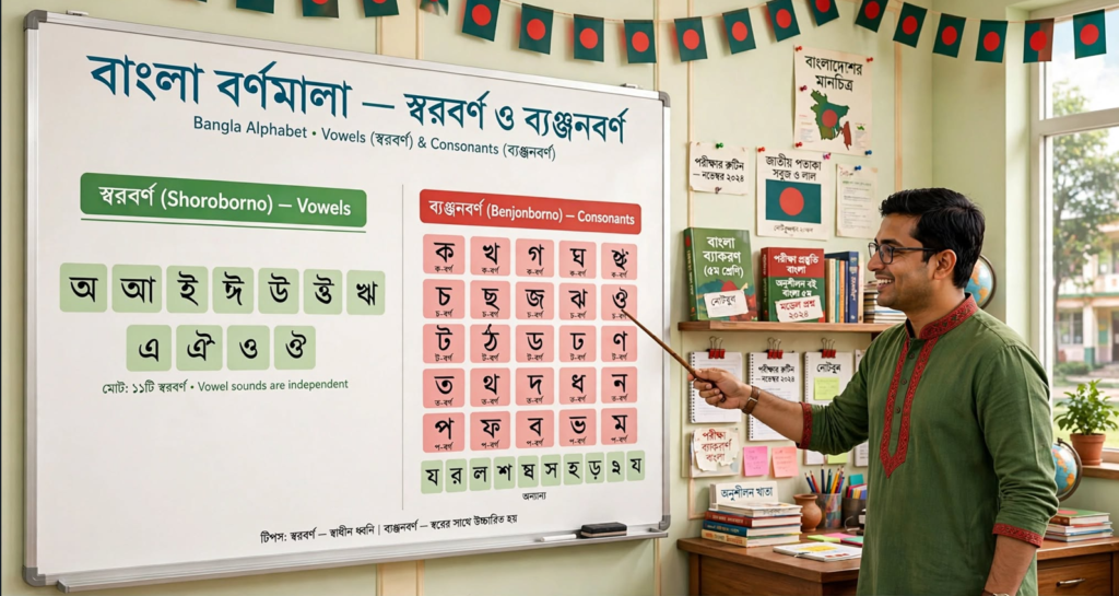 শিক্ষক ব্ল্যাকবোর্ডে ধ্বনি তত্ত্বের শ্রেণিবিন্যাস পড়াচ্ছেন