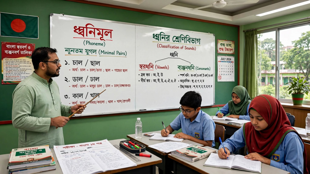 শিক্ষক ব্ল্যাকবোর্ডে ধ্বনিমূল ও ধ্বনির শ্রেণিবিভাগ বুঝিয়ে দিচ্ছেন