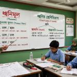 শিক্ষক ব্ল্যাকবোর্ডে ধ্বনিমূল ও ধ্বনির শ্রেণিবিভাগ বুঝিয়ে দিচ্ছেন