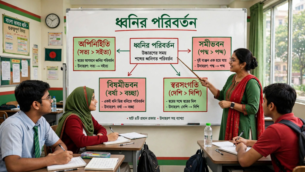 শিক্ষক ব্ল্যাকবোর্ডে ধ্বনির পরিবর্তনের প্রকারভেদ ও উদাহরণ দেখাচ্ছেন
