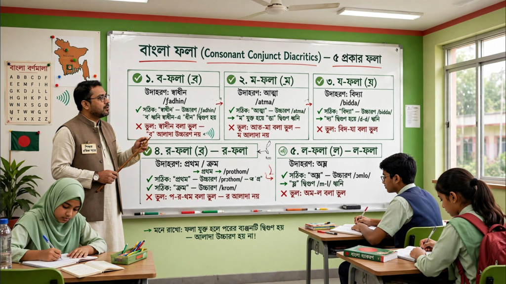 শিক্ষক ব্ল্যাকবোর্ডে বাংলা একাডেমি নির্ধারিত ব-ফলা, ম-ফলা, য-ফলা, র-ফলা, ল-ফলার উচ্চারণ নিয়ম দেখাচ্ছেন