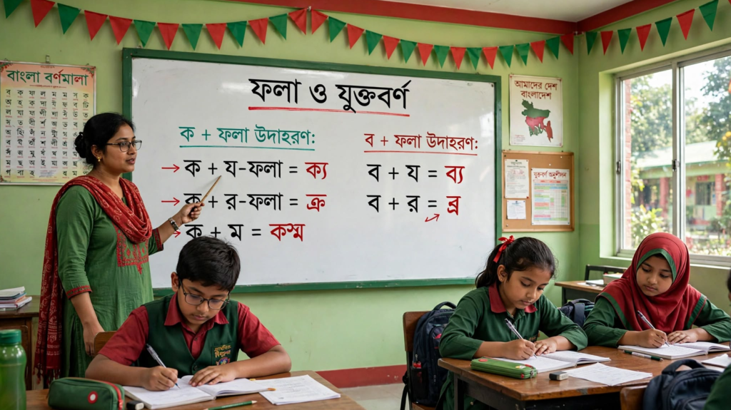 শিক্ষক ব্ল্যাকবোর্ডে ব্যঞ্জনবর্ণের সংক্ষিপ্ত রূপ (ফলা) বুঝিয়ে দিচ্ছেন