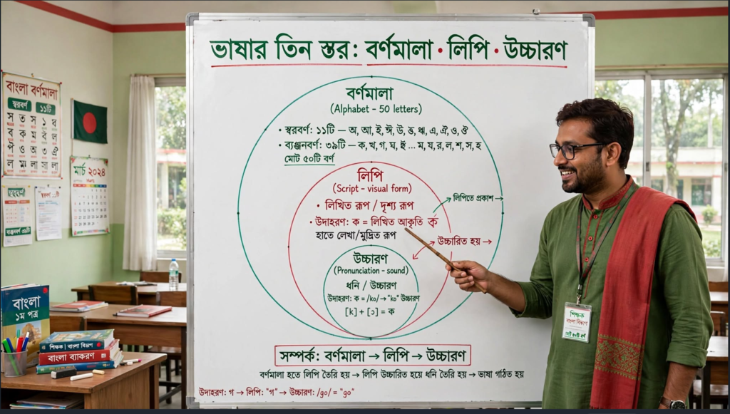শিক্ষক ব্ল্যাকবোর্ডে বর্ণমালা লিপি ও উচ্চারণের সম্পর্ক দেখাচ্ছেন