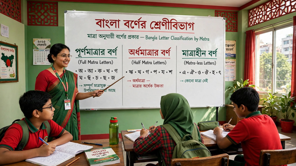 শিক্ষক ব্ল্যাকবোর্ডে বর্ণের মাত্রা অনুযায়ী শ্রেণিবিভাগ দেখাচ্ছেন