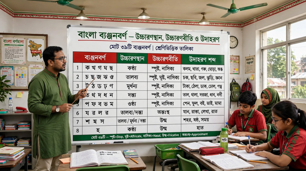 শিক্ষক ব্ল্যাকবোর্ডে বাংলা উচ্চারণরীতি অনুযায়ী ব্যঞ্জনবর্ণের সঠিক উচ্চারণ দেখাচ্ছেন
