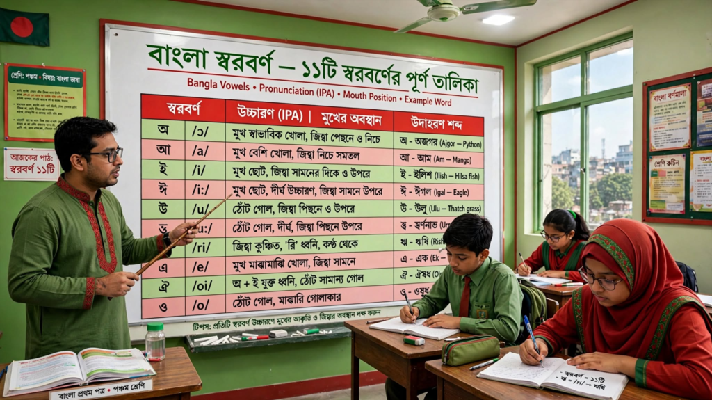 শিক্ষক ব্ল্যাকবোর্ডে বাংলা উচ্চারণরীতি অনুযায়ী স্বরবর্ণের সঠিক উচ্চারণ দেখাচ্ছেন