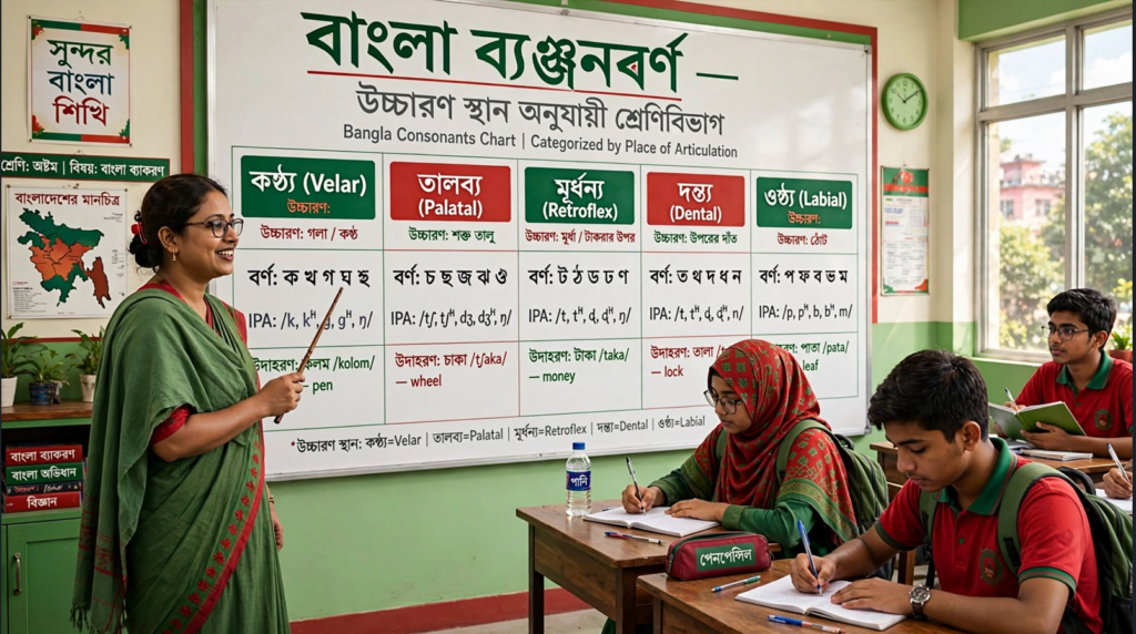 শিক্ষক ব্ল্যাকবোর্ডে বাংলা ব্যঞ্জনবর্ণ ও ব্যঞ্জনধ্বনির উচ্চারণের রূপরেখা দেখাচ্ছেন