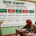 শিক্ষক ব্ল্যাকবোর্ডে বাংলা ব্যঞ্জনবর্ণ ও ব্যঞ্জনধ্বনির উচ্চারণের রূপরেখা দেখাচ্ছেন