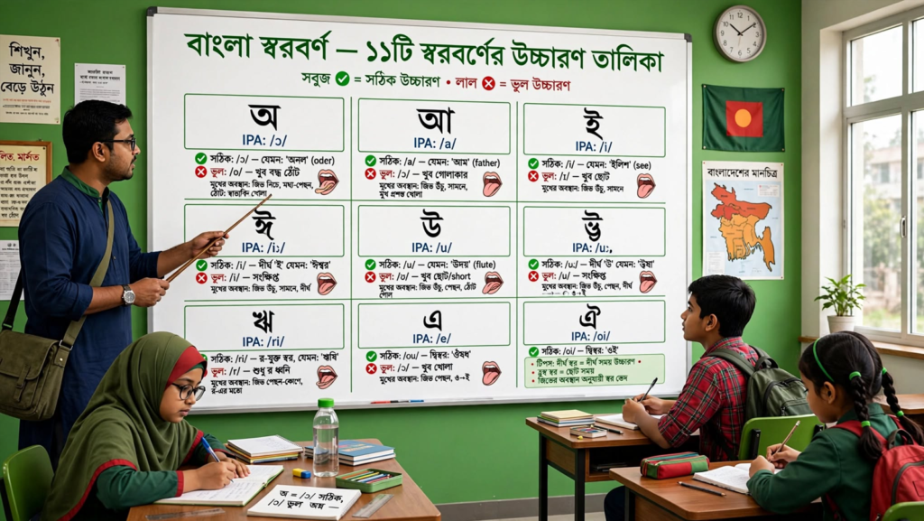 শিক্ষক ব্ল্যাকবোর্ডে বাংলা স্বরবর্ণ ও স্বরধ্বনির উচ্চারণের রূপরেখা দেখাচ্ছেন