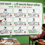 শিক্ষক ব্ল্যাকবোর্ডে বাংলা স্বরবর্ণ ও স্বরধ্বনির উচ্চারণের রূপরেখা দেখাচ্ছেন