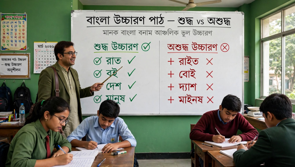 শিক্ষক ব্ল্যাকবোর্ডে বাংলা বিশুদ্ধ উচ্চারণের নিয়ম ও ভুল উদাহরণ দেখাচ্ছেন