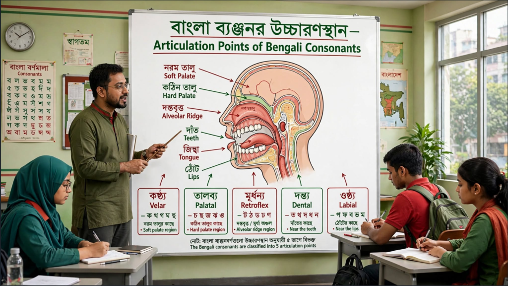 শিক্ষক ব্ল্যাকবোর্ডে বাংলা ব্যঞ্জনধ্বনির উচ্চারণরীতি ও উচ্চারণস্থান দেখাচ্ছেন