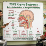 শিক্ষক ব্ল্যাকবোর্ডে বাংলা ব্যঞ্জনধ্বনির উচ্চারণরীতি ও উচ্চারণস্থান দেখাচ্ছেন