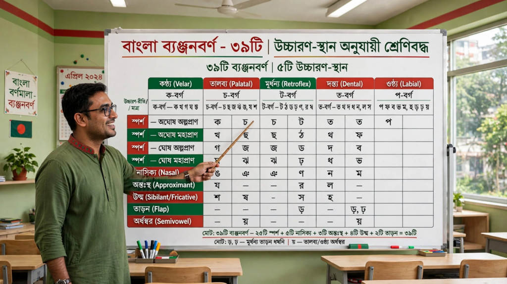 শিক্ষক ব্ল্যাকবোর্ডে ব্যঞ্জনধ্বনি ও ব্যঞ্জনবর্ণের শ্রেণিবিভাগ দেখাচ্ছেন