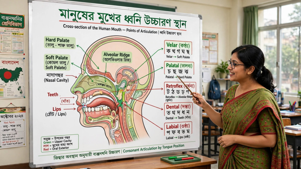 শিক্ষক ব্ল্যাকবোর্ডে ব্যঞ্জনধ্বনির উচ্চারণস্থান দেখাচ্ছেন
