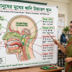 শিক্ষক ব্ল্যাকবোর্ডে ব্যঞ্জনধ্বনির উচ্চারণস্থান দেখাচ্ছেন