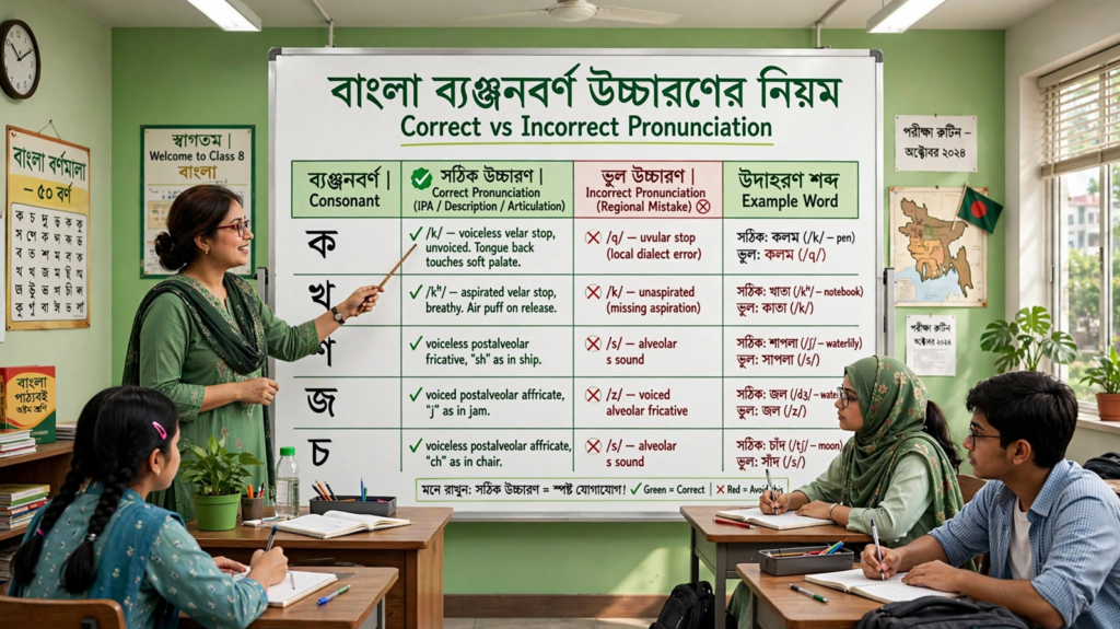 শিক্ষক ব্ল্যাকবোর্ডে বাংলা একাডেমি নির্ধারিত ব্যঞ্জনবর্ণ উচ্চারণের নিয়ম শেখাচ্ছেন
