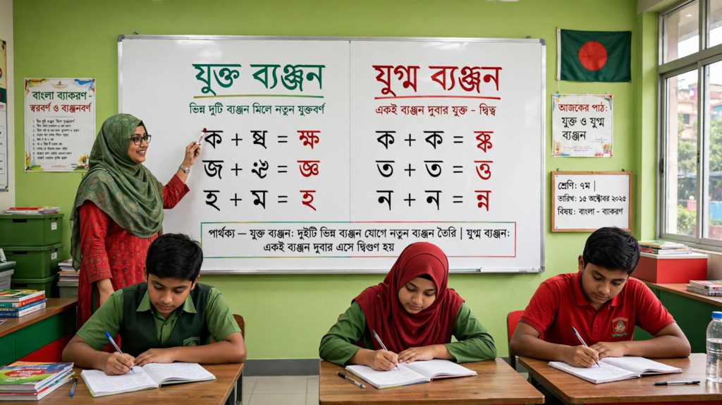 শিক্ষক ব্ল্যাকবোর্ডে যুক্ত ব্যঞ্জন ও যুগ্ম ব্যঞ্জনের পার্থক্য দেখাচ্ছেন