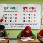 শিক্ষক ব্ল্যাকবোর্ডে যুক্ত ব্যঞ্জন ও যুগ্ম ব্যঞ্জনের পার্থক্য দেখাচ্ছেন