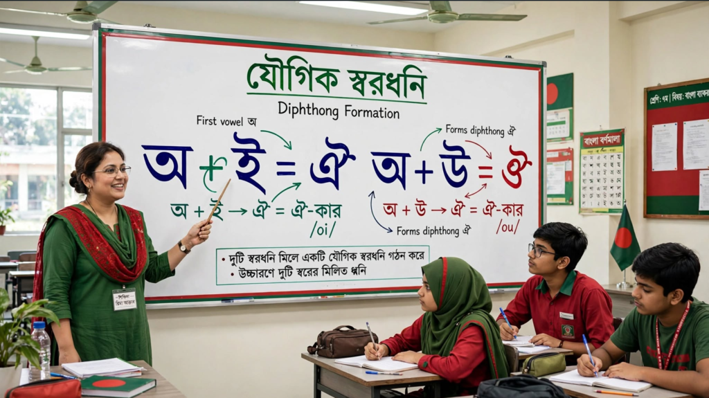 শিক্ষক ব্ল্যাকবোর্ডে অ+ই=ঐ এবং অ+উ=ঔ যৌগিক স্বরধ্বনি বুঝিয়ে দিচ্ছেন