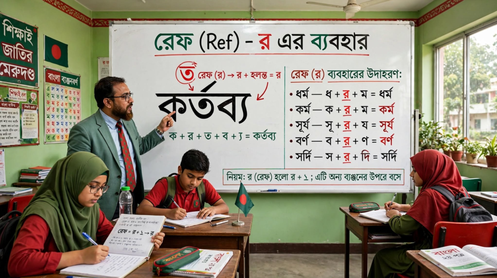 শিক্ষক ব্ল্যাকবোর্ডে রেফ-এর ব্যবহার ও উদাহরণ দেখাচ্ছেন