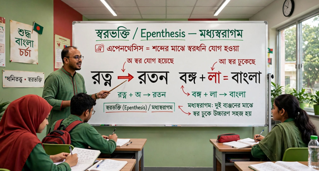 শিক্ষক ব্ল্যাকবোর্ডে শ্রুতিধ্বনি বা আগম ধ্বনির উদাহরণ দেখাচ্ছেন